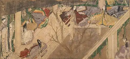 Scene in which depth is carried by parallel diagonals (here architecture), without perspective, Genji Monogatari Emaki, 12th century