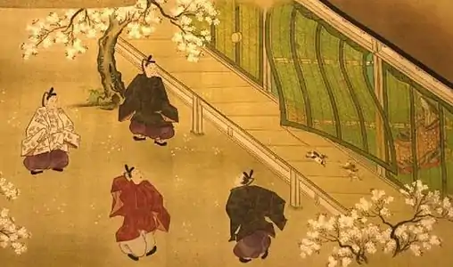 Outside view of the Imperial Palace from The Tale of Genji. From this viewpoint, it would not be possible to see through the sudare; artistic license is used.