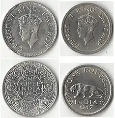 One rupee coins showing George VI, King-Emperor, 1940 (left) and just before India's independence in 1947 (right)