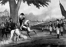 Engraving of a uniformed man on a white horse lifting his hat as the horse moves towards a line of soldiers