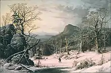 A small figure of a hunter set in a rural winter landscape