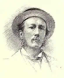 self-portrait sketch of a man with amoustache, sideburns, and a round-brimmed hat