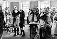 1939, George Washington says farewell to his troops at Fraunces Tavern, New York, 1783 by Henry Hintermeister