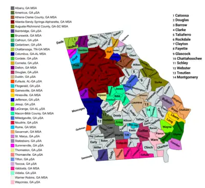 Map of the 39 core-based statistical areas in Georgia (U.S. state).