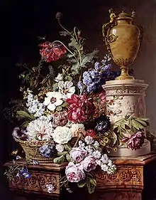 Still life of flowers in a basket with two butterflies, a dragonfly, a fly and a beetle near an alabaster urn on a marble pedestal