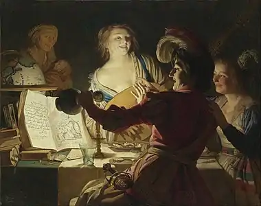 Gerard van Honthorst, Merry Company, 1623, with the chiaroscuro composition often used by the Utrecht Caravaggists.