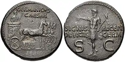 Coin showing Germanicus holding an Aquila