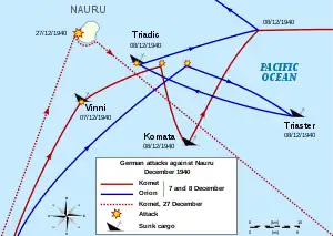 Map of the Nauru region showing the movements of German ships and locations where Allied ships were sunk as described in the article