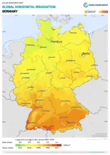 Map of average solar radiation in Germany. For most of the country annual average values are in between 1100 and 1300 kWh per square metre.