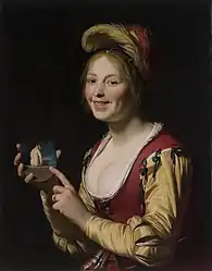 Smiling Girl, a Courtesan, Holding an Obscene Image (1625) by Gerard van Honthorst. Humor has been noted as a source of inspiration for many notable Dutch Golden Age painters.
