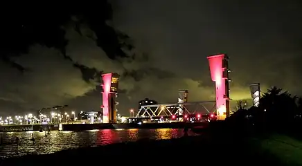The towers lit in red to show that the barrier is closed