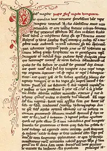 A page from an old codex presenting a large green P initial decorated with tendrils