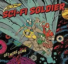 A retro comic book style drawing of the band in outer space, wearing futuristic uniforms