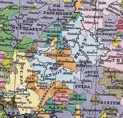 Medieval division of Hesse (sky blue), c. 1400. Upper Hesse is the more southerly territory.