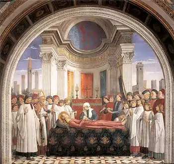 The body of St Fina lies in a church, surrounded by a bishop, clergy, choirboys and other people