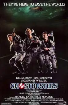 The poster for Ghostbusters (1984), featuring actors Harold Ramis, Bill Murray, and Dan Aykroyd in characters looking above.