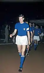 Giacinto Facchetti wearing the classic Italian uniform in 1968: blue shirt, white shorts and blue socks and the tricolour badge.
