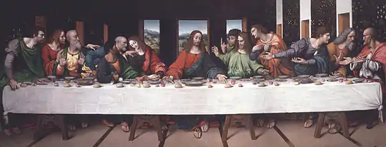 The Last Supper, c. 1520, by Giampietrino, oil on canvas, in the collection of the Royal Academy of Arts, London. This full-scale copy was the main source for the 1978–1998 restoration of the original. It includes several lost details such as Christ's feet and the salt cellar spilled by Judas. Giampietrino is thought to have worked closely with Leonardo when he was in Milan.