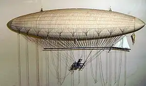 A model of the first dirigible, the 1852 steam powered Giffard Airship, on display at the London Science Museum.