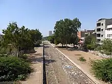 Gilani Railway station, view towards Liaquatabad from pedestrian bridge