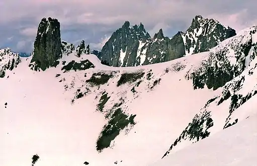 Gilhooley Tower at far left. Mount Johnson centered, and Martin Peak to right