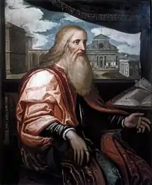 Patronage portrait of Giovanni di Paolo Rucellai, in the background his principal works in Florence: Palazzo and Loggia Rucellai, the façade of Santa Maria Novella and the Tempietto of the Holy Sepulchre. Oil on board, attributed to Francesco Salviati, about 1540