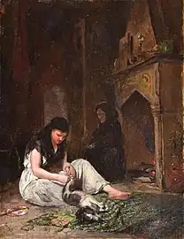 Girl Removing Fleas from a Dog. 1879. Oil on panel, 23 x 15 cm.