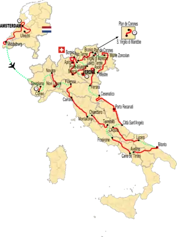 A map of Italy with an inset of a map of the Netherlands, with the course of the Giro d'Italia drawn over it in red and green lines.