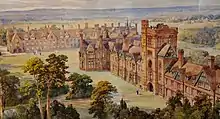 Watercolour Perspective of Girton College, painted by Waterhouse in 1887, at this date the buildings on the right with the gate-tower were under construction