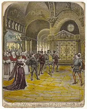 Image 61Scene of Don Carlos, by Carlo Cornaglia and Giuseppe Barberis (restored by Adam Cuerden) (from Wikipedia:Featured pictures/Culture, entertainment, and lifestyle/Theatre)