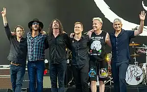 Foo Fighters at Glastonbury Festival 2023. From left to right: Chris Shiflett, Rami Jaffee, Dave Grohl, Nate Mendel, Josh Freese and Pat Smear.