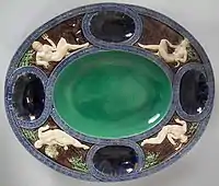 Platter with Juno, Neptune, Mercury, Selene, circa 1875. Unlike much "Palissy Ware", this is close to actual Renaissance pieces.