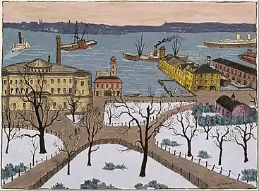 Battery Park; by Glenn O. Coleman; gouache on paper, 31 cm × 42 cm (12+1⁄4 in × 16+1⁄2 in).