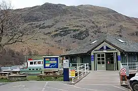 The entrance to Glenridding Pier, with Place Fell behind