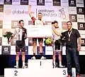 Men's podium at the 2012 Global Relay Gastown Grand Prix. From left: Ryan Anderson (Spider Tech), Ken Hanson (Optum p/b Kelly Benefit Strategies), Tommy Nankervis (Competitive Cyclist), Warren Roy (Global Relay CEO)