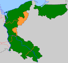 Posen-West Prussia (former Grenzmark Posen-Westpreußen) as of 1937 (orange, bulk in Pomerania since 1938) within the former German territories