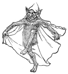 An illustration of a small, hairy mischievious-looking humanoid creature with large, bat-like ears wearing a hooded cloak.