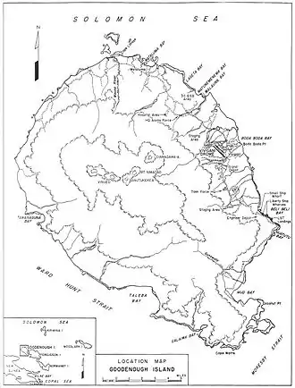 Goodenough Island is roughly egg shaped, pointed end down. The important sites are on the north east. The two landing beaches are in the south.