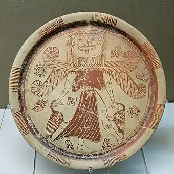 Winged goddess with a Gorgon's head, orientalizing plate, c.600 BC, from Kameiros, Rhodes