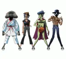 From left to right: James Murphy as a monkey in a karate outfit, 2-D in a black utfit wearing a hat, Murdoc Niccals dribbling a basketball at the waist level, and André 3000 wearing a black mask