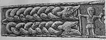 Engraving of part of the cross showing Fenrir and Heimdallr.