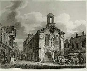 Former Moot Hall in Briggate, by Charles Haith after Thomas Taylor, 1816