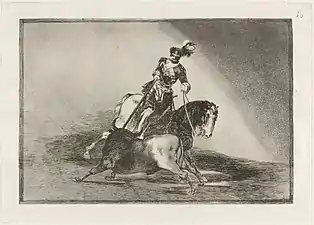Νο. 10: Carlos V. lanceando un toro en la plaza de Valladolid" ("Carlos V spearing a bull in the plaza of Valladolid")
