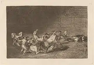 Νο. 32: Dos grupos de picadores arrollados de seguida por un solo toro ("Two groups of "picadores" pinned down by a single bull")