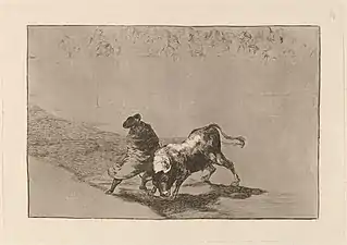 Νο. 14: El diestrisimo estudiante de Falces, embozado, burla al toro con sus quiebros ("The dexterous student of Falces, embossed, tricks the bull with his breaks")