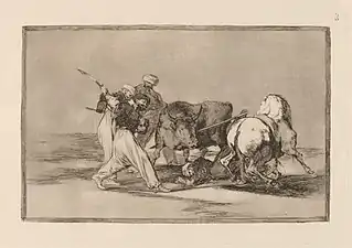 Νο. 3: Los moros establecidos en España, prescindiendo de las supersticiones de su Alcorán, adoptaron esta caza y arte, y lancean un toro en el campo. ("The Moors established in Spain, prescinding of the superstitions of their Quran, adopted this hunt and art, and they spear a bull on the field")