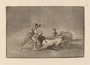 Νο. 9:  Un caballero español mata un toro después de haber perdido el caballo ("A Spanish knight kills a bull after his horse is wounded")