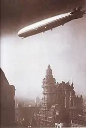 The Graf Zeppelin flying over the building in 1934.