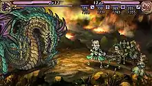 In a clouded, barren area, a group of four soldiers engage in battle against a green-colored dragon.