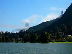 Lake Comary in Teresópolis, with the Escalavrado and the God's Finger (far right) peaks in the background